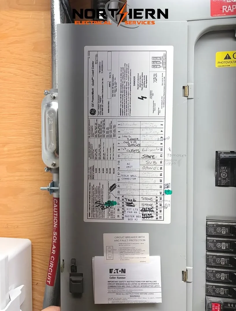 Labeled GE PowerMark panel with solar circuits